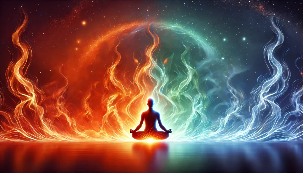 A conceptual image representing the calming of anger, featuring soft gradients of fiery red and orange transitioning into soothing blue and green tones, with a serene figure meditating at the center. Image generated by OpenAI's DALL·E.