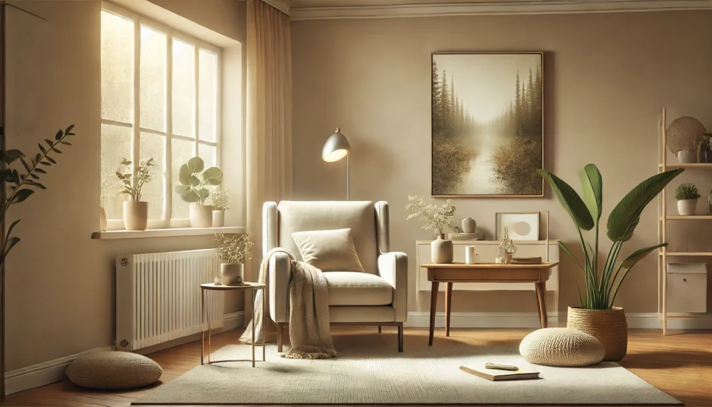 A serene therapy office designed to evoke calm and understanding, featuring a cozy armchair, a small table with a plant and notebook, and warm natural light streaming through large windows. The atmosphere is peaceful, with soft neutral tones and a nature landscape painting on the wall. Image generated by OpenAI's DALL·E.