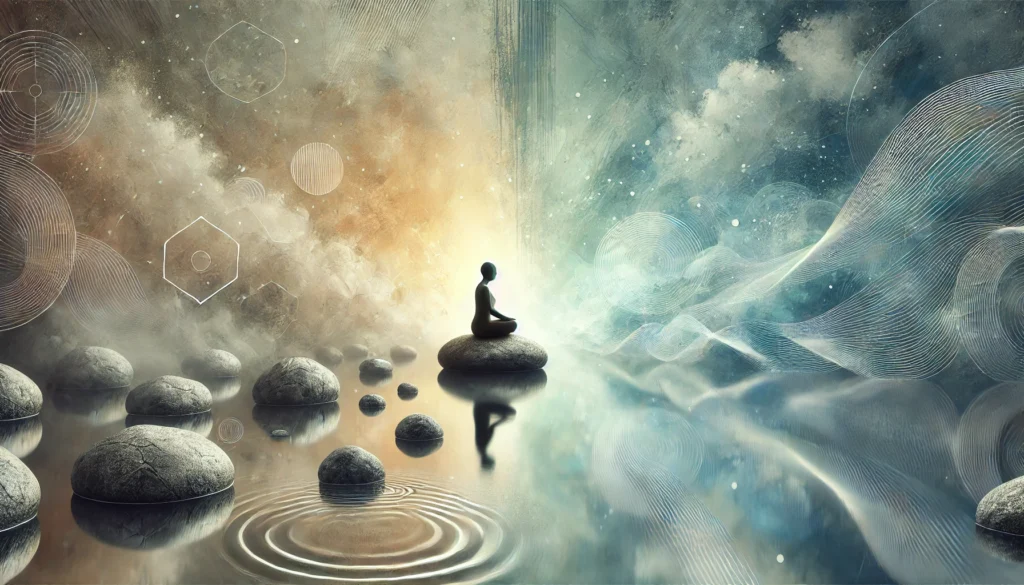 A serene conceptual image representing the calming of anxiety, featuring a tranquil figure sitting peacefully on a smooth stone surrounded by gentle ripples on calm water. The background transitions from muted gray tones, symbolizing anxiety, to warm blue and green hues, symbolizing healing and calm. Subtle abstract lines representing thoughts and emotions fade into the background, evoking a sense of balance and peace. Image generated by OpenAI's DALL·E.