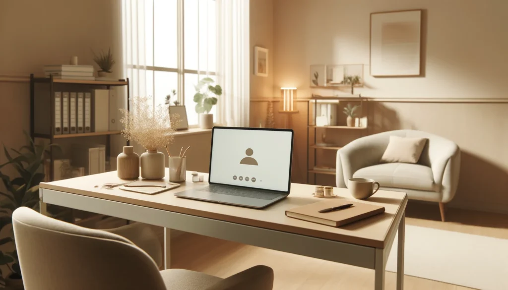 A serene indoor virtual therapy office setup featuring a modern desk with a laptop displaying a blank video call interface. The desk is adorned with calming elements like a potted plant, a notebook, and a cup of tea. The room has soft, warm lighting with neutral tones, a comfortable chair, and a large window letting in natural light with a peaceful outdoor view. The atmosphere is cozy, inviting, and professional, ideal for virtual therapy sessions. Image generated by OpenAI's DALL·E.