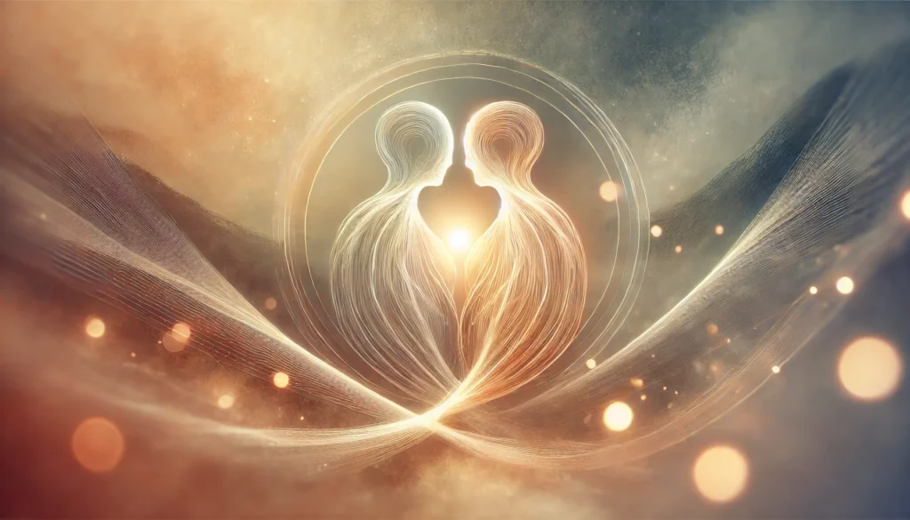 A conceptual image representing connection and healing in couples therapy, featuring two intertwined glowing shapes in neutral tones of soft beige and light gray, gently transitioning into subtle calming hues. Flowing lines surround the shapes, symbolizing open communication and mutual support. The background is soft and blurred with warm and soothing tones, evoking a sense of peace, harmony, and emotional balance. Image generated by OpenAI's DALL·E."