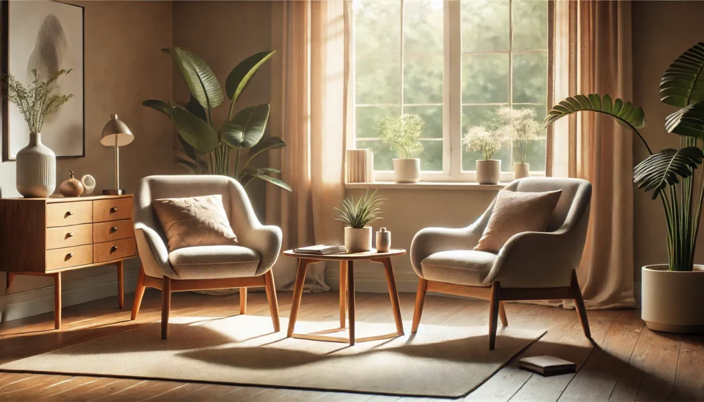 A serene indoor therapy setup featuring two comfortable chairs positioned near a window, with a small wooden table between them holding a potted plant and a notebook. The room is softly lit with warm tones, and natural light streams through the window, offering a peaceful outdoor view. The atmosphere is inviting and calming, ideal for fostering open and supportive conversations. Image generated by OpenAI's DALL·E.