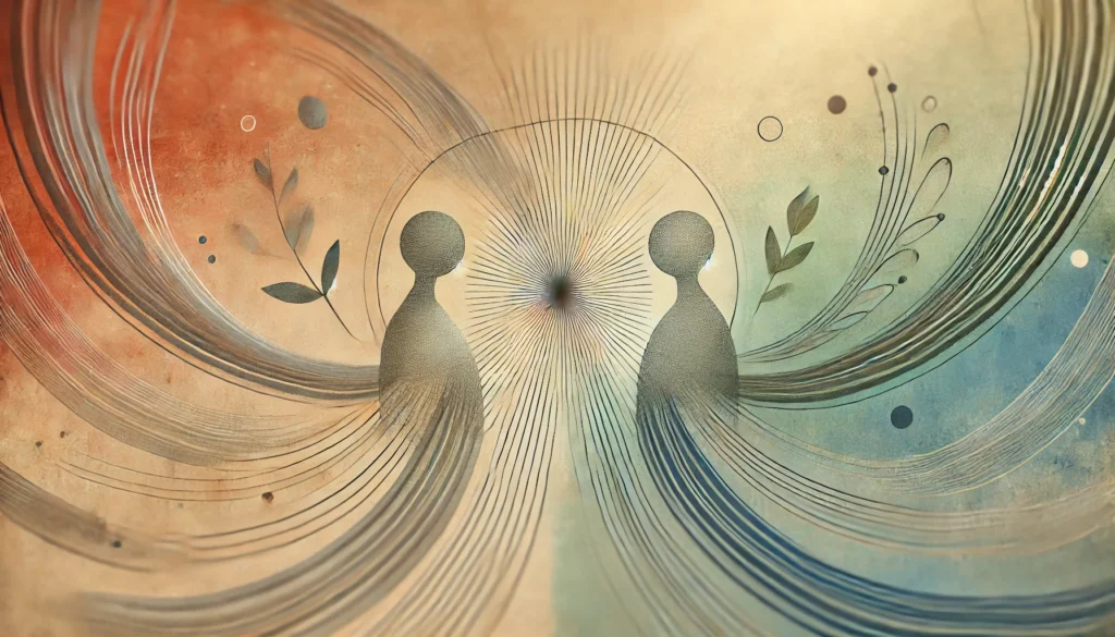 A conceptual image representing connection and partnership in marriage counseling. The design features two abstract, intertwined shapes in a neutral, non-gendered color palette, blending soft beige, gray, and muted blues and greens. Subtle flowing lines radiate outward, symbolizing communication, mutual support, and shared understanding. The background is softly blurred with warm and calming hues, evoking a sense of peace and collaboration. Image generated by OpenAI's DALL·E.