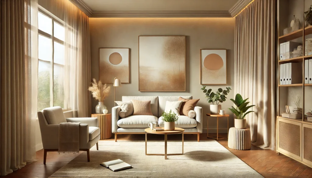 A serene and relaxed therapist's office designed for marriage counseling, featuring a comfortable couch and one armchair arranged in a conversational layout. A small, round wooden table between them holds a potted plant and a notebook. The walls are adorned with calming, abstract artwork in soft neutral tones that complement the warm, inviting decor. Soft natural light streams through a large window, offering an outdoor view of trees and greenery. The space exudes comfort and tranquility, ideal for meaningful conversations. Image generated by OpenAI's DALL·E.