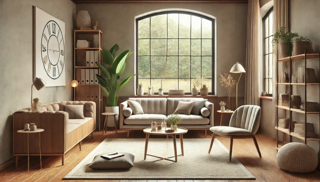 A serene therapist's office designed for working with estranged couples, featuring a comfortable couch and a chair arranged to create balance and space. A small central table holds a potted plant and a notebook. The room is decorated with warm, neutral tones, soft lighting, and a calming rug. Large windows allow natural light to brighten the space, with a peaceful outdoor view of trees and greenery. The atmosphere is inviting and emotionally safe, ideal for meaningful and delicate conversations. Image generated by OpenAI's DALL·E.
