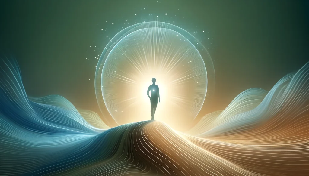 A serene conceptual image representing overcoming low self-esteem. The scene features a soft gradient of muted blues and greens blending into warm neutral tones, with an abstract figure standing confidently on a subtle hill. The figure is surrounded by a glowing aura symbolizing self-acceptance and growth. Gentle, flowing lines in the background evoke a sense of calm and progress. The overall atmosphere is reflective, uplifting, and supportive, ideal for representing personal transformation and healing. Image generated by OpenAI's DALL·E.