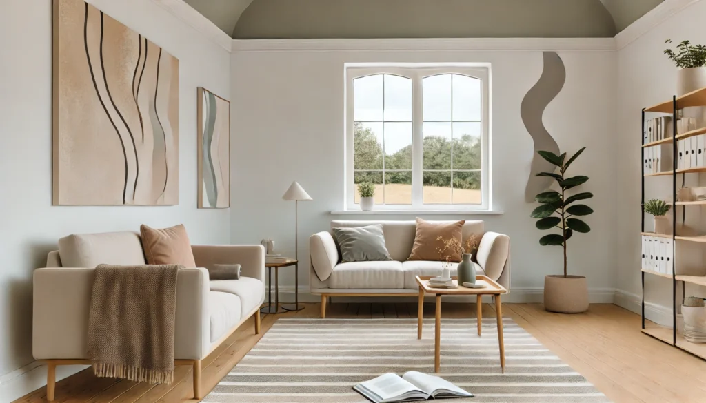 A serene and welcoming therapist's office designed to support individuals with low self-esteem. The room features a comfortable couch and an armchair, arranged neatly in a balanced layout. A small wooden coffee table sits between them, holding a potted plant and a notebook. The decor includes soft neutral tones, a textured area rug, and abstract wall art with flowing designs in muted colors that evoke calm and growth. Large windows allow soft, natural light to illuminate the space, framing a peaceful outdoor view of greenery. The atmosphere is tidy, safe, and uplifting, fostering a sense of comfort and personal growth. Image generated by OpenAI's DALL·E.