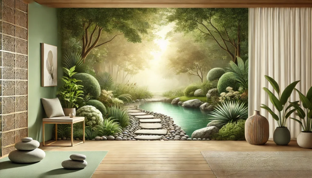 "A serene and inviting horizontal hero image for a therapist's 'Contact Me' section. The image features soft sunlight filtering through lush greenery, a tranquil pathway lined with smooth stones, and a calm water feature with gentle ripples. The warm, earthy tones of green, brown, and neutral hues create a relaxing and balanced atmosphere. Image created with assistance from ChatGPT.