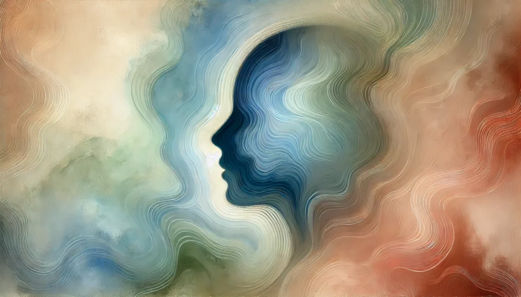 Abstract digital artwork featuring a subtle human head silhouette blending into a tranquil background of soft blues, greens, and warm earth tones. Flowing lines and organic shapes suggest movement and transformation, symbolizing self-reflection, personal growth, and emotional clarity. Gentle light gradients enhance the calming and introspective atmosphere.