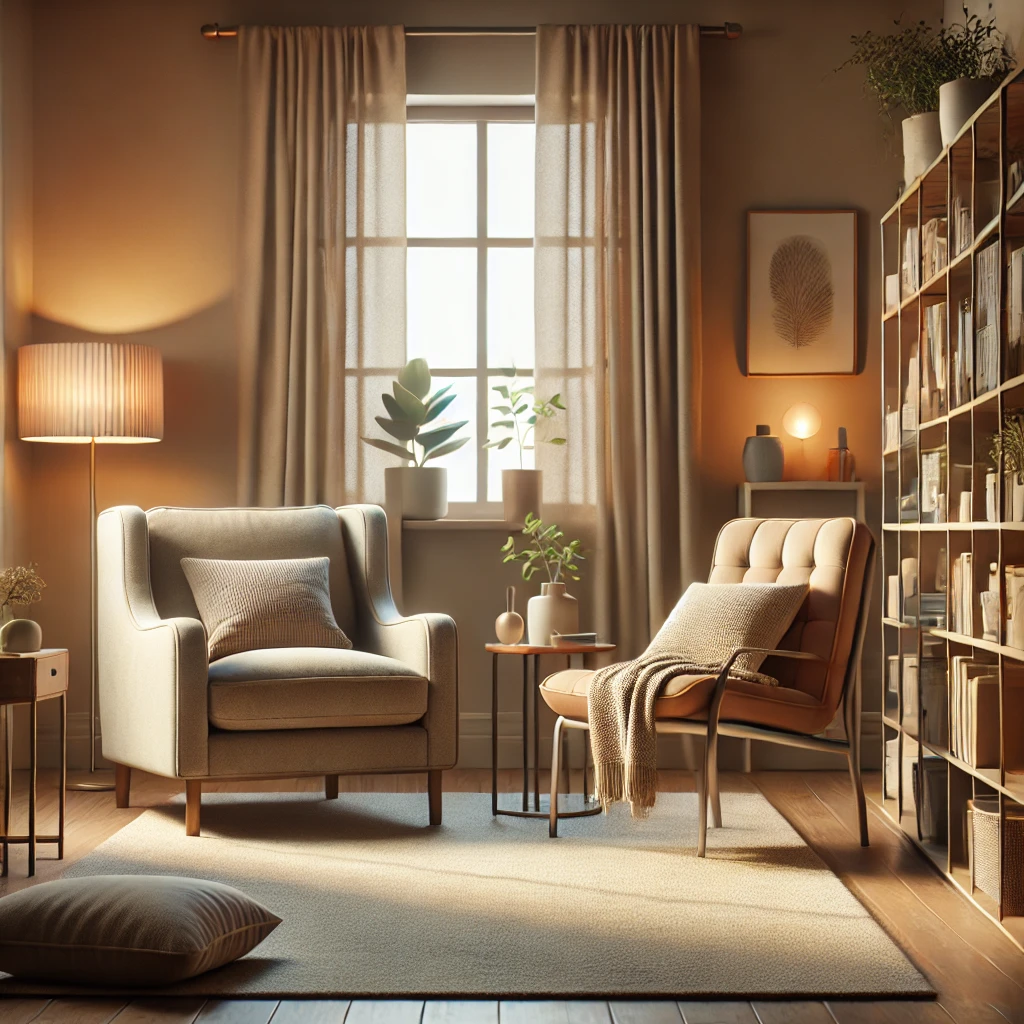 A warm and inviting therapist’s office designed for one-on-one sessions. The space features a cozy armchair and a comfortable therapist’s chair with well-proportioned legs, set in a calming environment. Soft, warm lighting enhances the neutral earth tones, with subtle accents of blues and greens. A few plants add a touch of nature, while bookshelves with neatly arranged books contribute to the welcoming and peaceful ambiance. The room feels safe, open, and designed for thoughtful conversation and reflection.