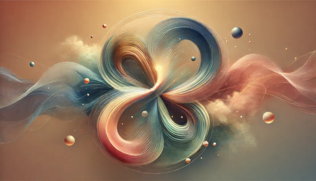 An abstract digital artwork symbolizing communication and connection. Fluid, intertwining shapes flow across a 16:9 canvas in warm earth tones, blues, and greens, representing the exchange of thoughts and emotions. Soft gradients and subtle light effects create a sense of openness and clarity, evoking the experience of being heard and understood. The overall design is calming, introspective, and inviting.