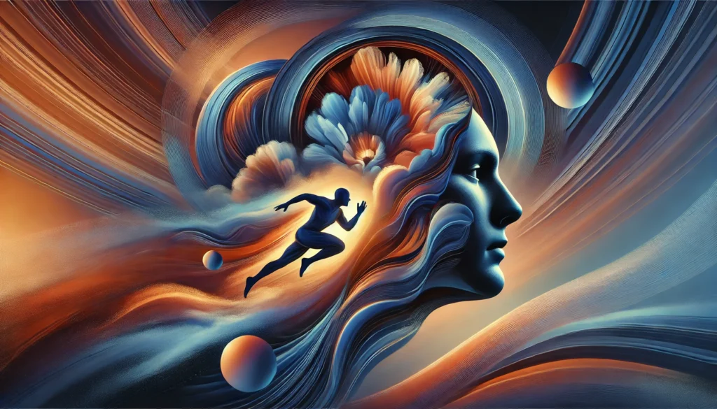 An abstract digital artwork symbolizing mental resilience, focus, and balance in athletics. Dynamic yet fluid shapes in deep blues, energetic oranges, and grounding earth tones represent strength, endurance, and clarity. Subtle motion effects evoke movement, while soft gradients create a sense of inner stability and mental focus. The composition reflects the harmony between physical effort and mental well-being, capturing the balance required for peak performance and recovery.