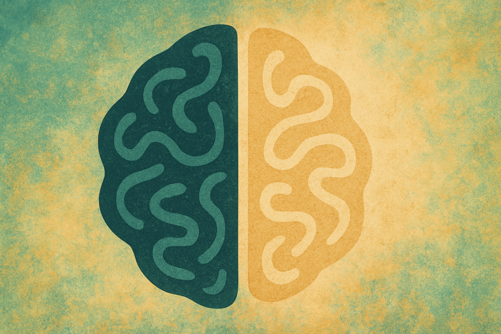 An abstract digital illustration featuring a loosely defined brain shape divided into two mirrored halves. One side is rendered in deep teal, the other in muted beige, with both sides composed of swirling, organic lines that echo the brain’s natural folds. The background is textured with soft gradients and vintage-inspired speckling in tones of beige, green, and teal, evoking a calm yet contemplative atmosphere. The image carries no text and uses abstract design to subtly explore themes of perception and racial bias.
