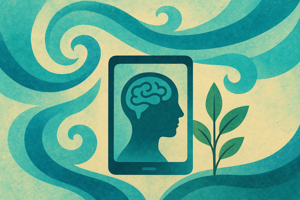 Abstract digital artwork illustrating telehealth mental health care. A stylized brain appears inside a tablet screen, surrounded by flowing blue and green shapes that evoke calm water and air, with soft foliage elements symbolizing growth, healing, and clarity.